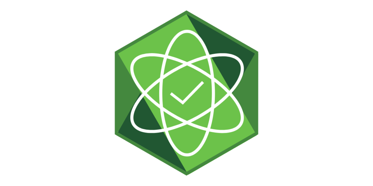 A merge between React and Node Logos with a checkmark at its center