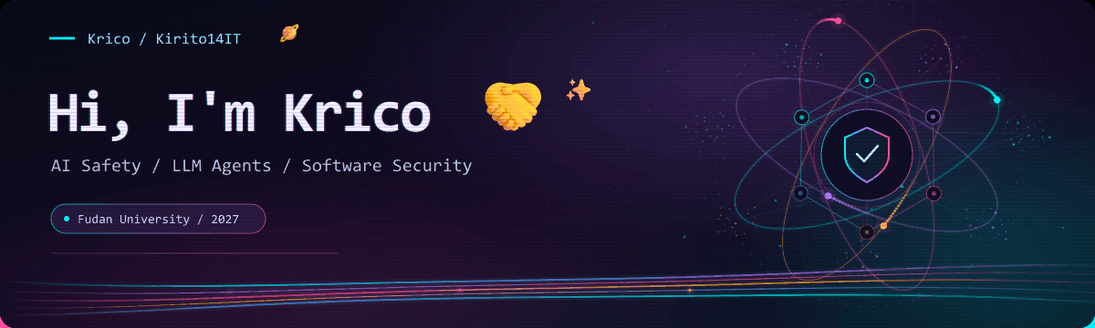 Hi, I'm Krico. Handshake, sparkles and a planet on an animated multicolor neon network. AI Safety, LLM Agents, Software Security.