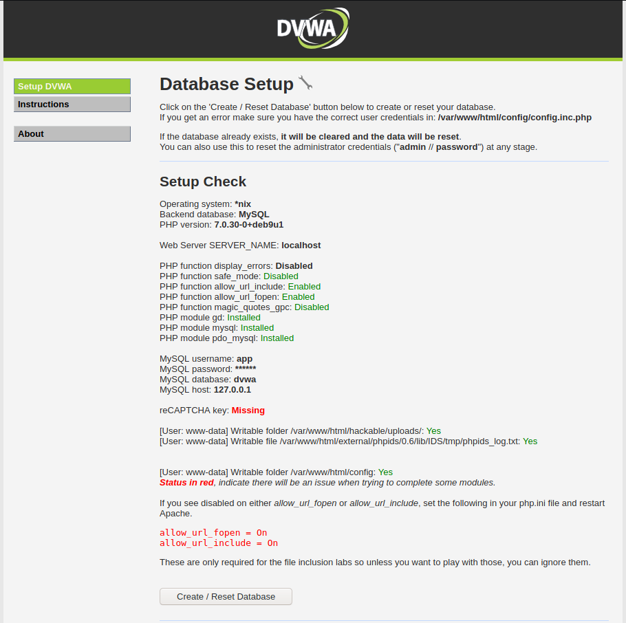 Database Setup after php.ini changes