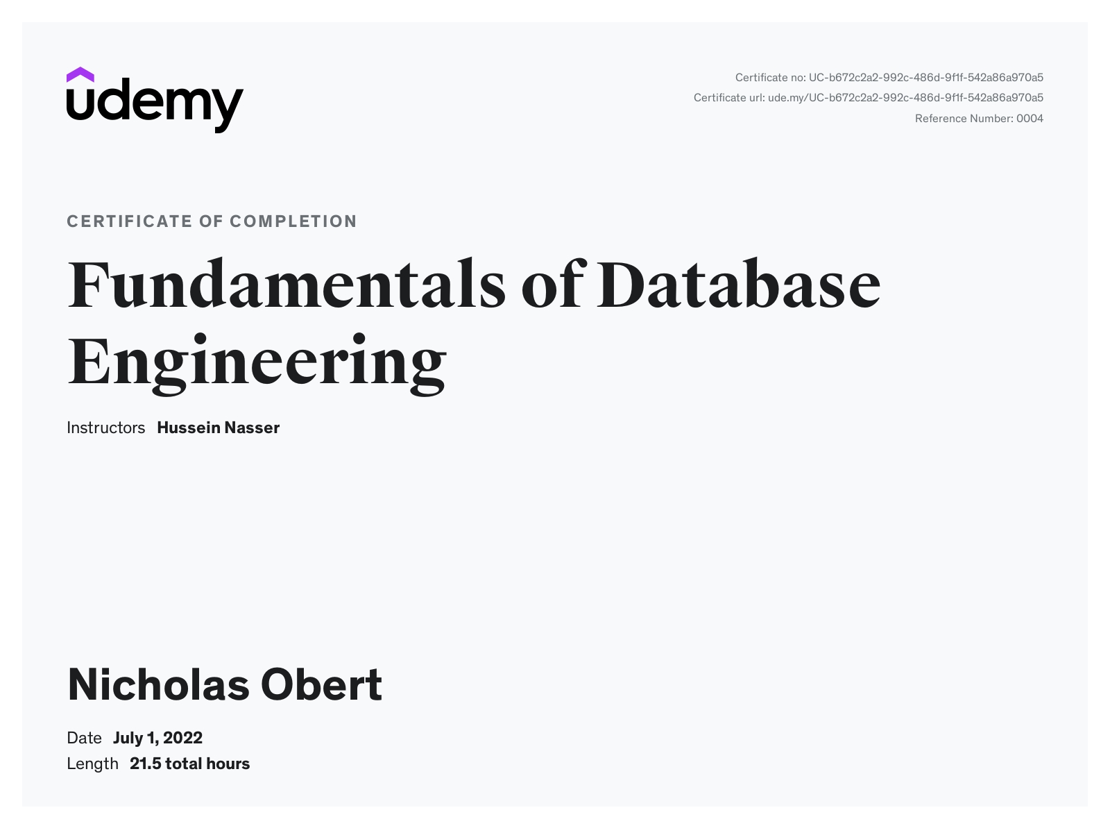 Database engineering Udemy course certificate