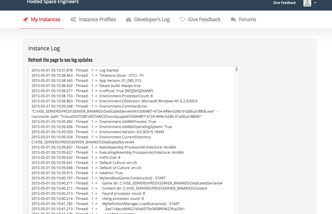 View your instance log