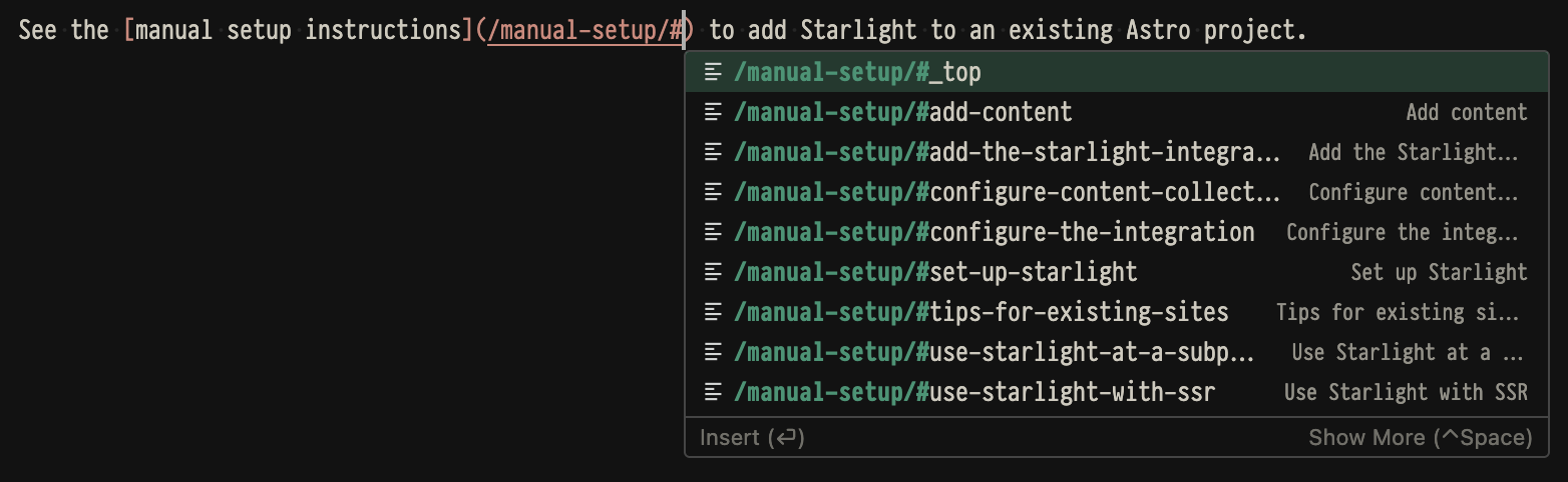 Screenshot of the Starlight Links extension fragment completions