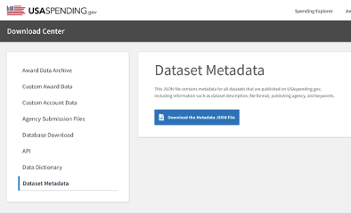 Screenshot of USAspending Download center page displaying a rectangular blue dataset metadata download button