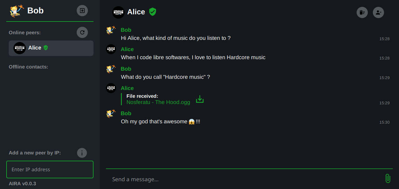 Screenshot of a conversation between Alice and Bob on AIRA