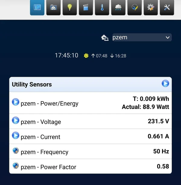 Screenshot of devices created by domoticz-pzem-016 Domoticz plugin on smartphone