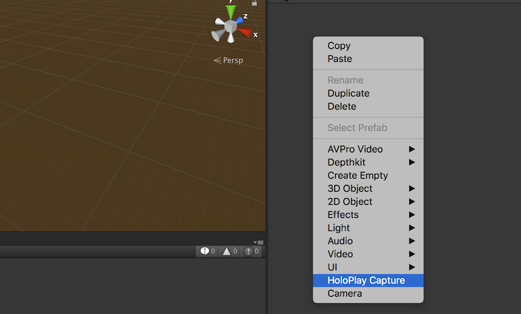 Creating HoloPlay Capture from the right-click menu