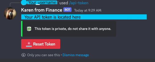 API token screen