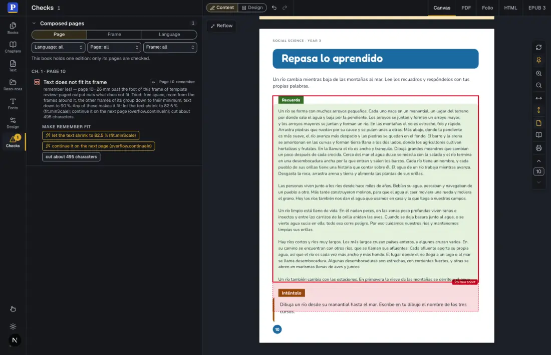 The Checks panel with the entry Text does not fit its frame and three buttons offering fixes, and the page with its first box outlined in red and a band saying 26 mm short.