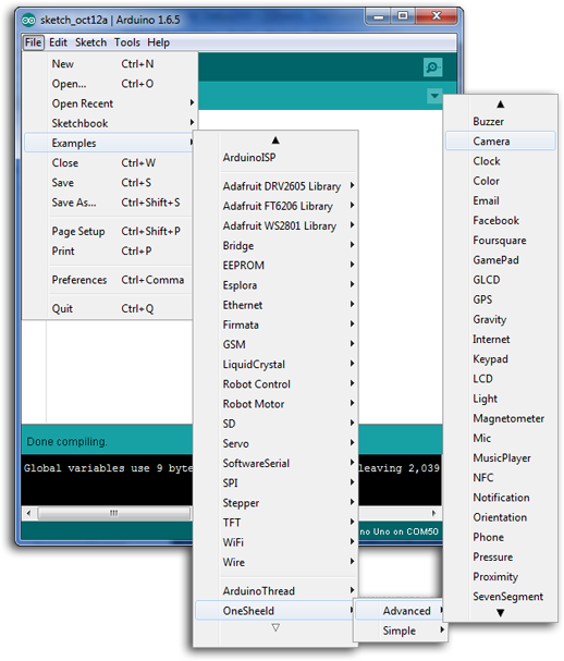 Go to File > Examples > OneSheeld > Advanced / Simple then pick your example