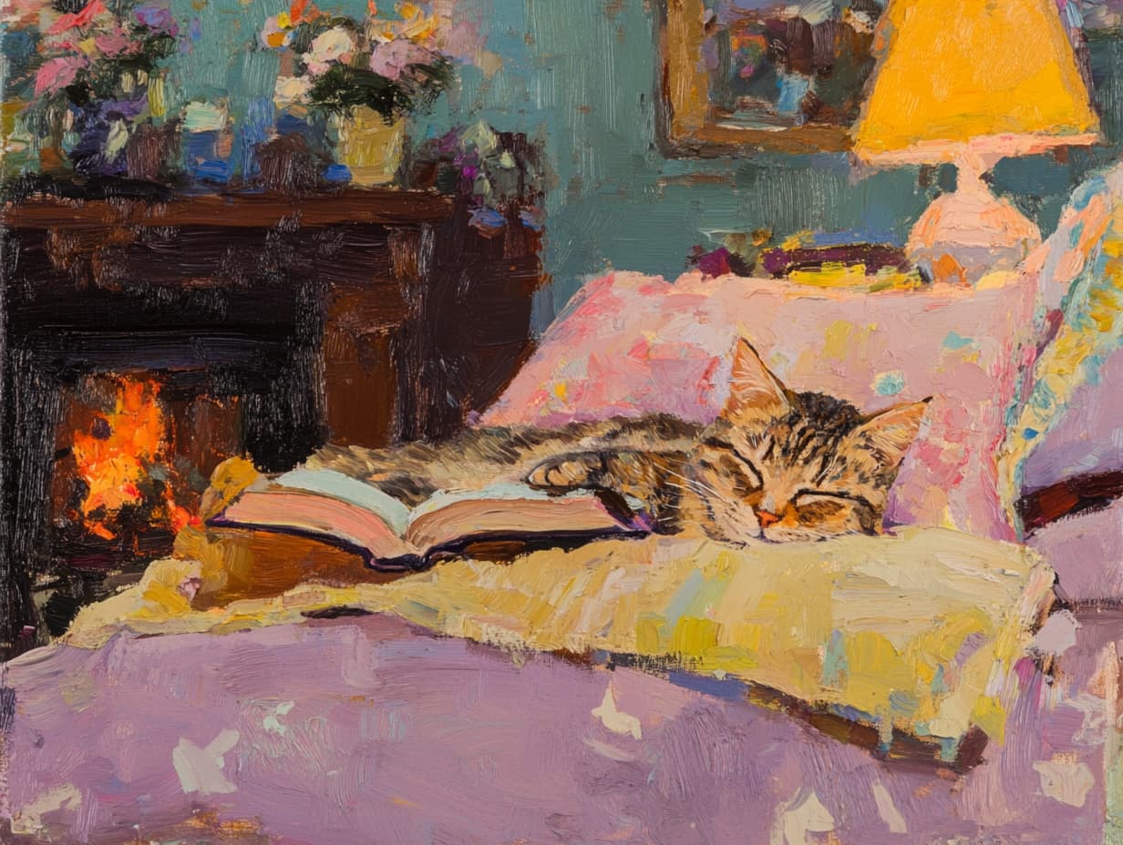 Impressionist painting of a cat near a fireplace