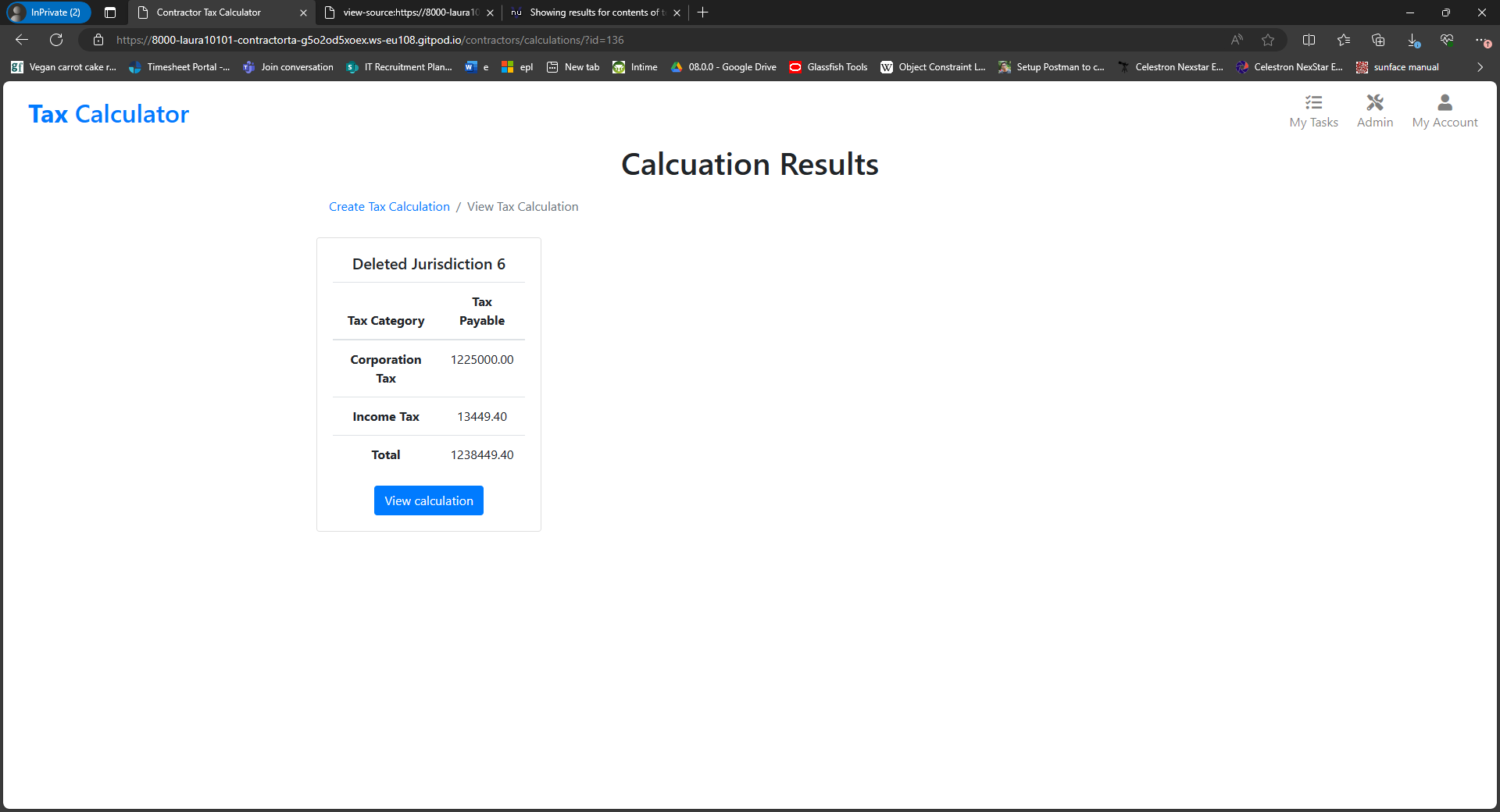 The calculation results page