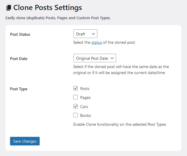 Clone Posts - Settings Page