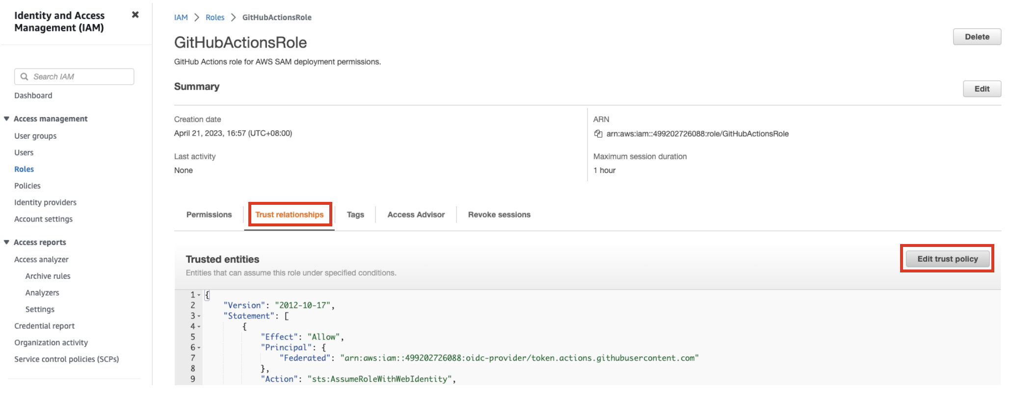 AWS console IAM role edit trust policy
