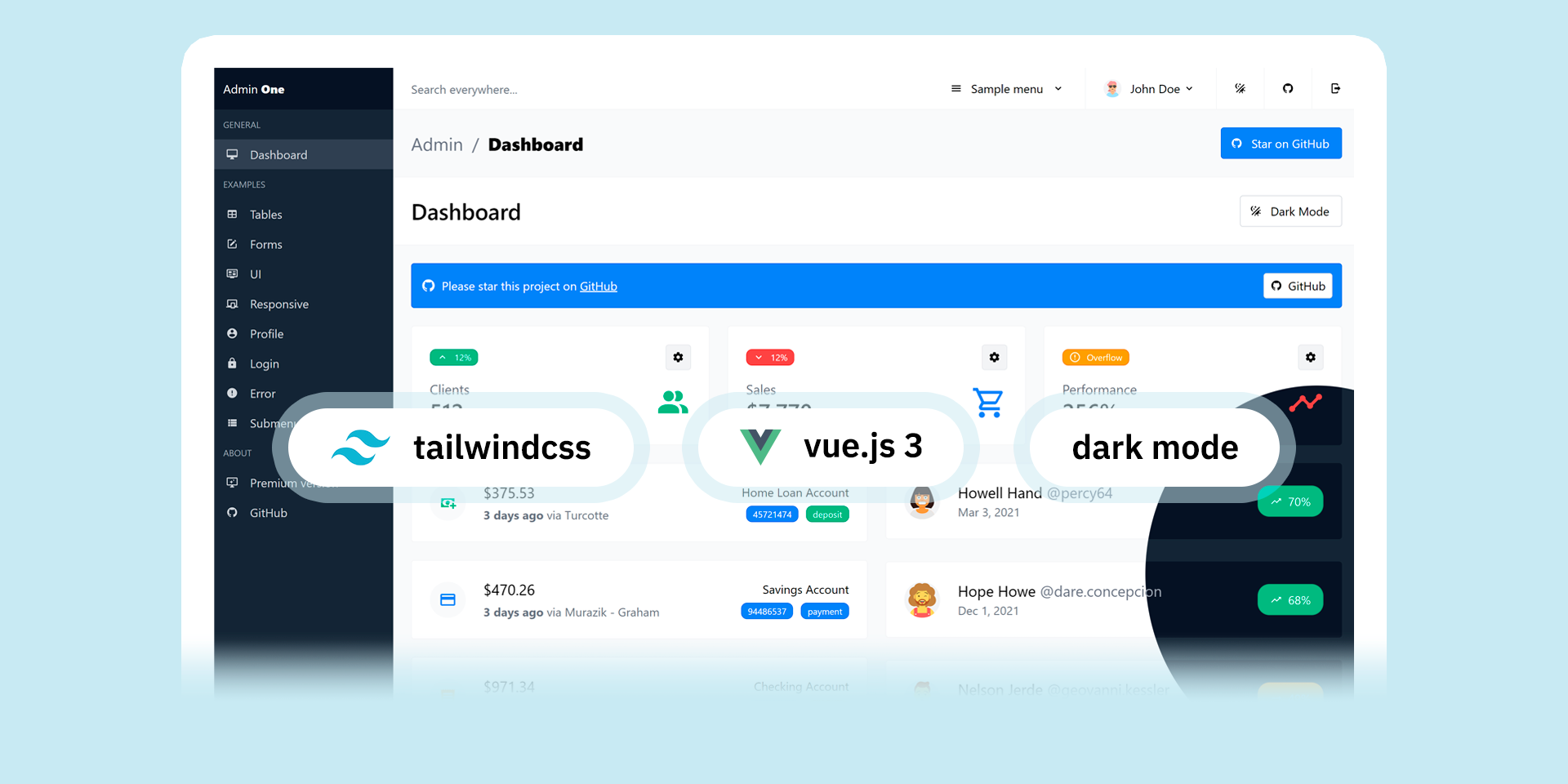 Free Vue 3 Tailwind CSS admin dashboard