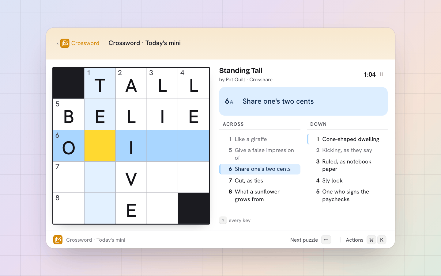 A mini crossword being solved, with its clues