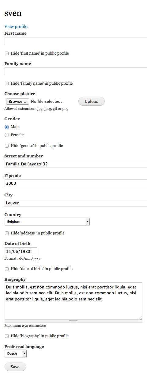 Edit profile page