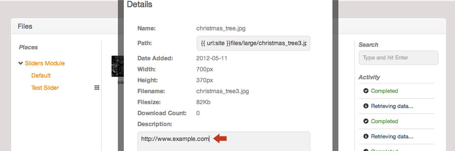 To make an image clickable, paste your URL into the image's description field in the core Files module details view.