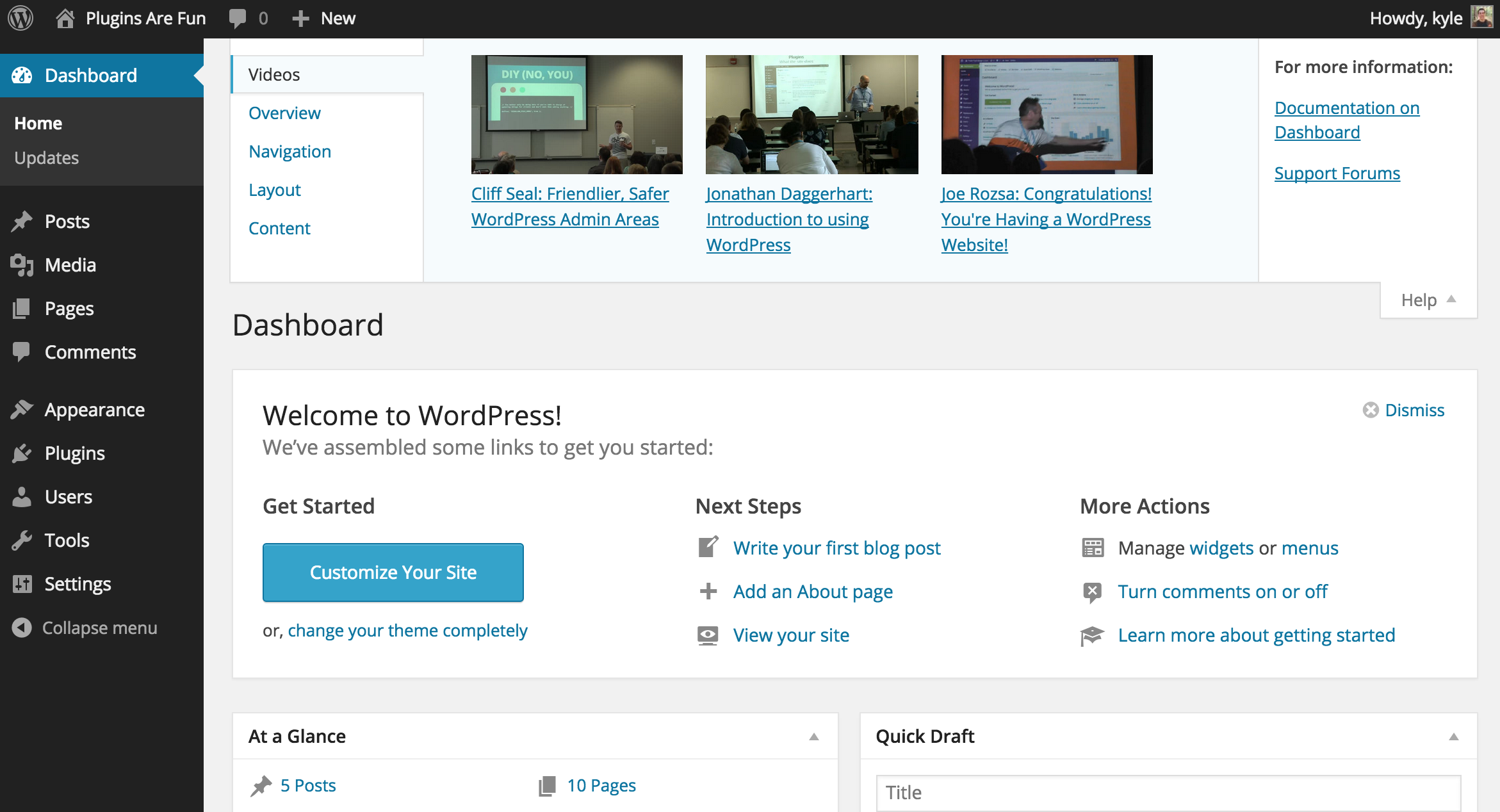 screenshot of WordPress dashboard with videos