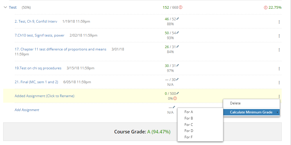 Calculate Minimum Grade context menu