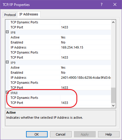 SQL Server Configuration Manager IP Address settings