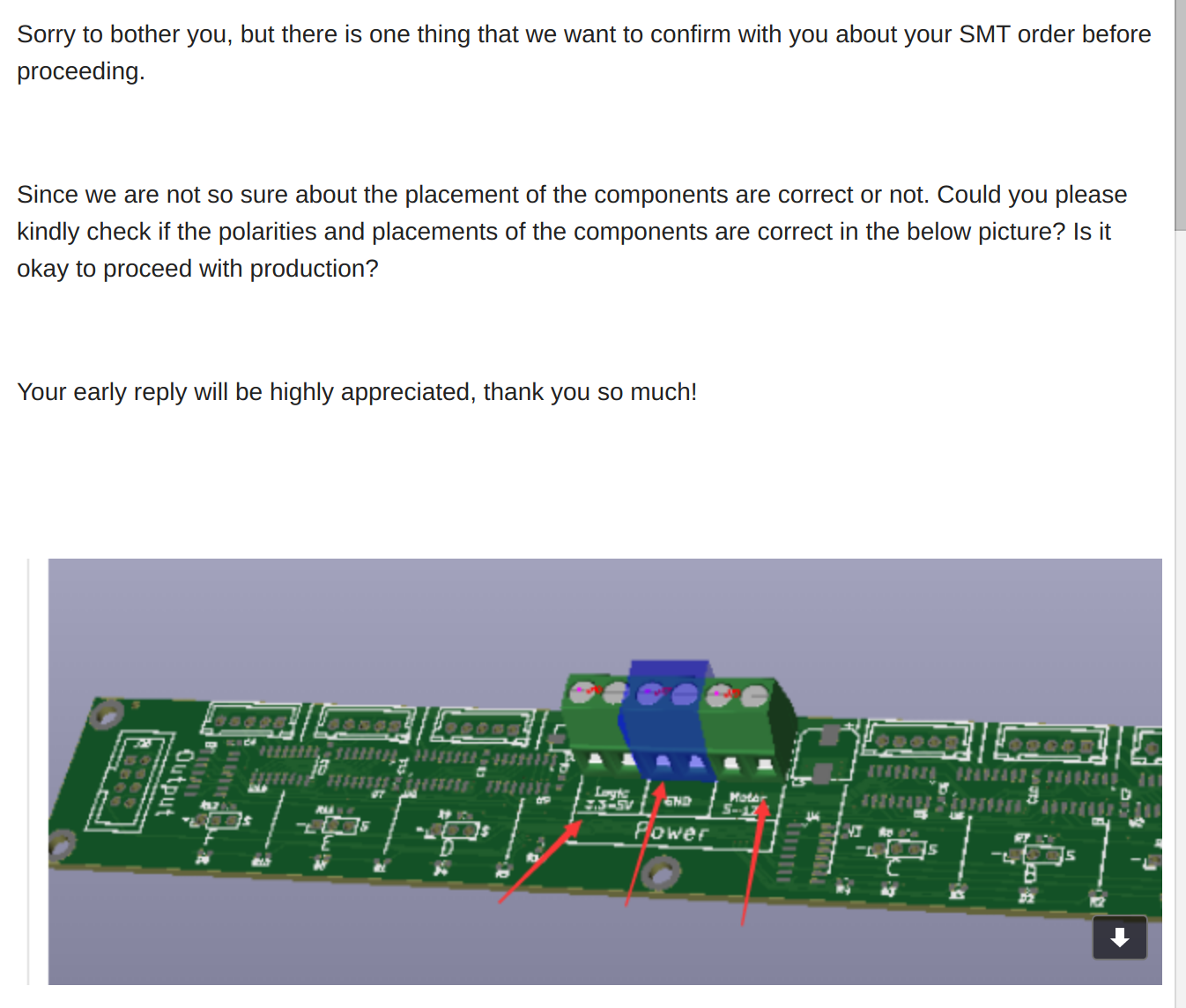 ✅ Confirmation email from JLCPCB, showing CORRECT screw terminal orientation. If the image they send you looks like this, go ahead and confirm it!