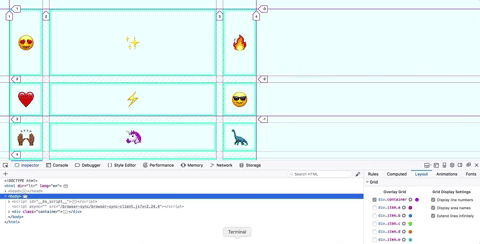 grid items laid out in three columns with dev tools visible