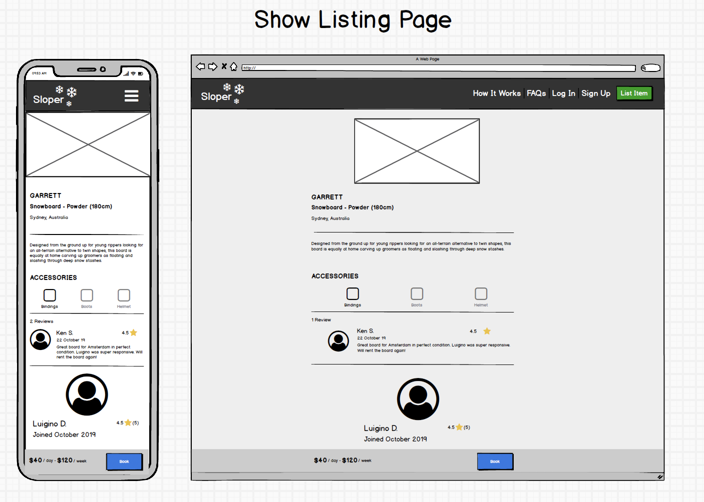 show listing screen wireframes