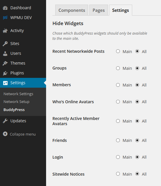 BuddyPress Hide Widgets Settings