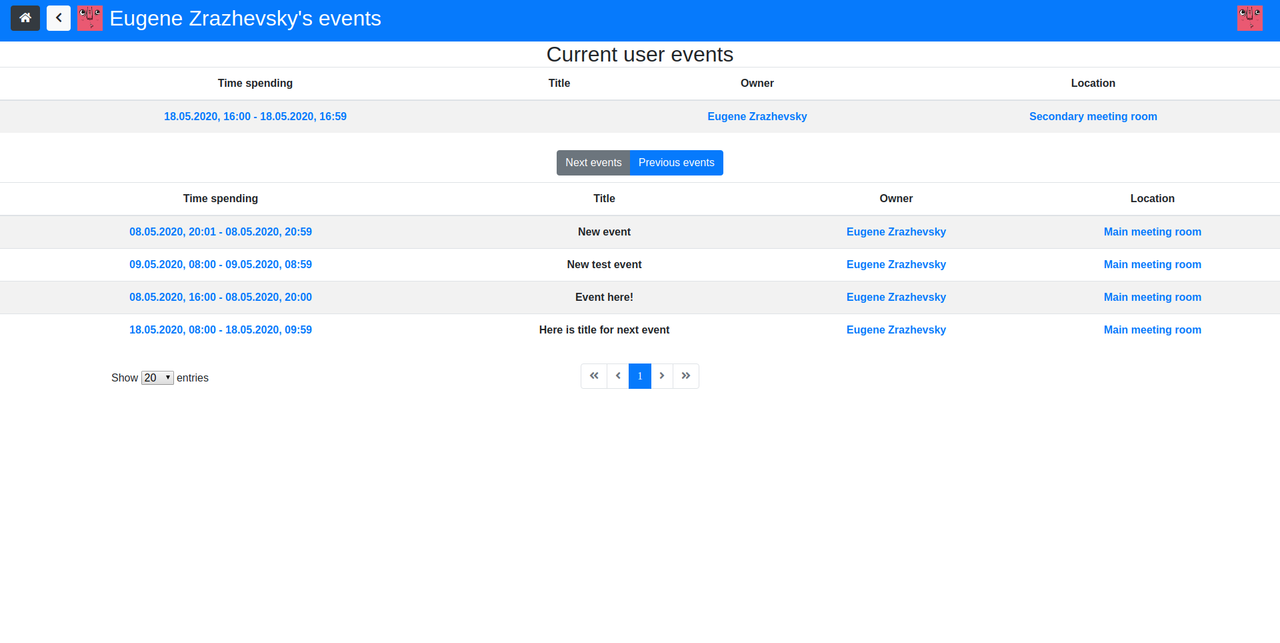 User events page