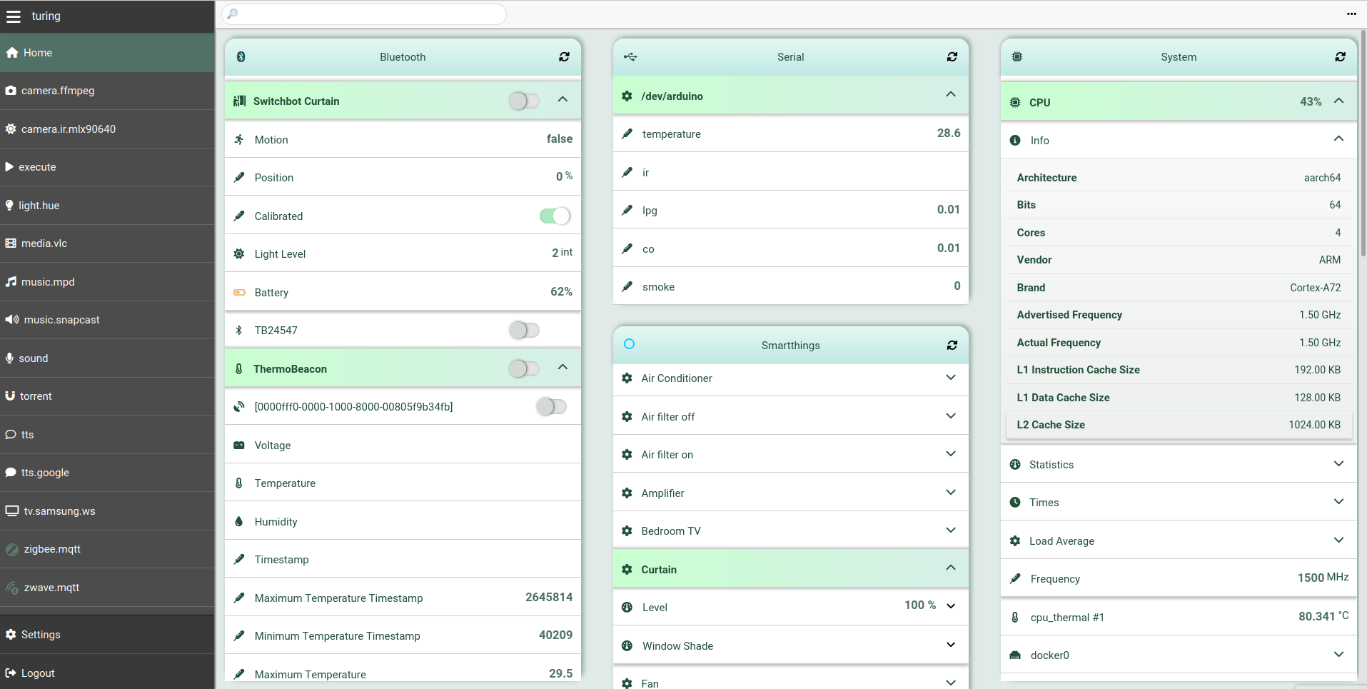 Screenshot of the application main panel, showing the Bluetooth, Serial, SmartThings and System integrations