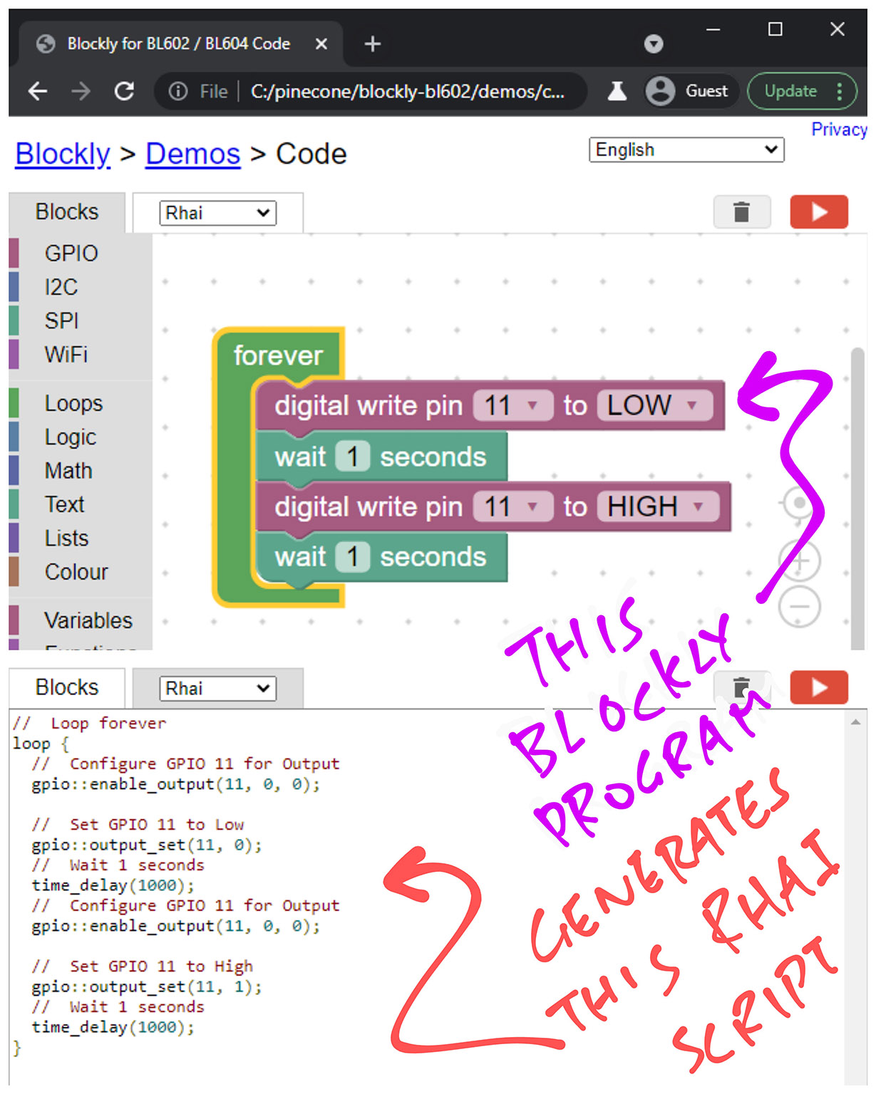 BL602 Simulator with Blockly and Rhai Script