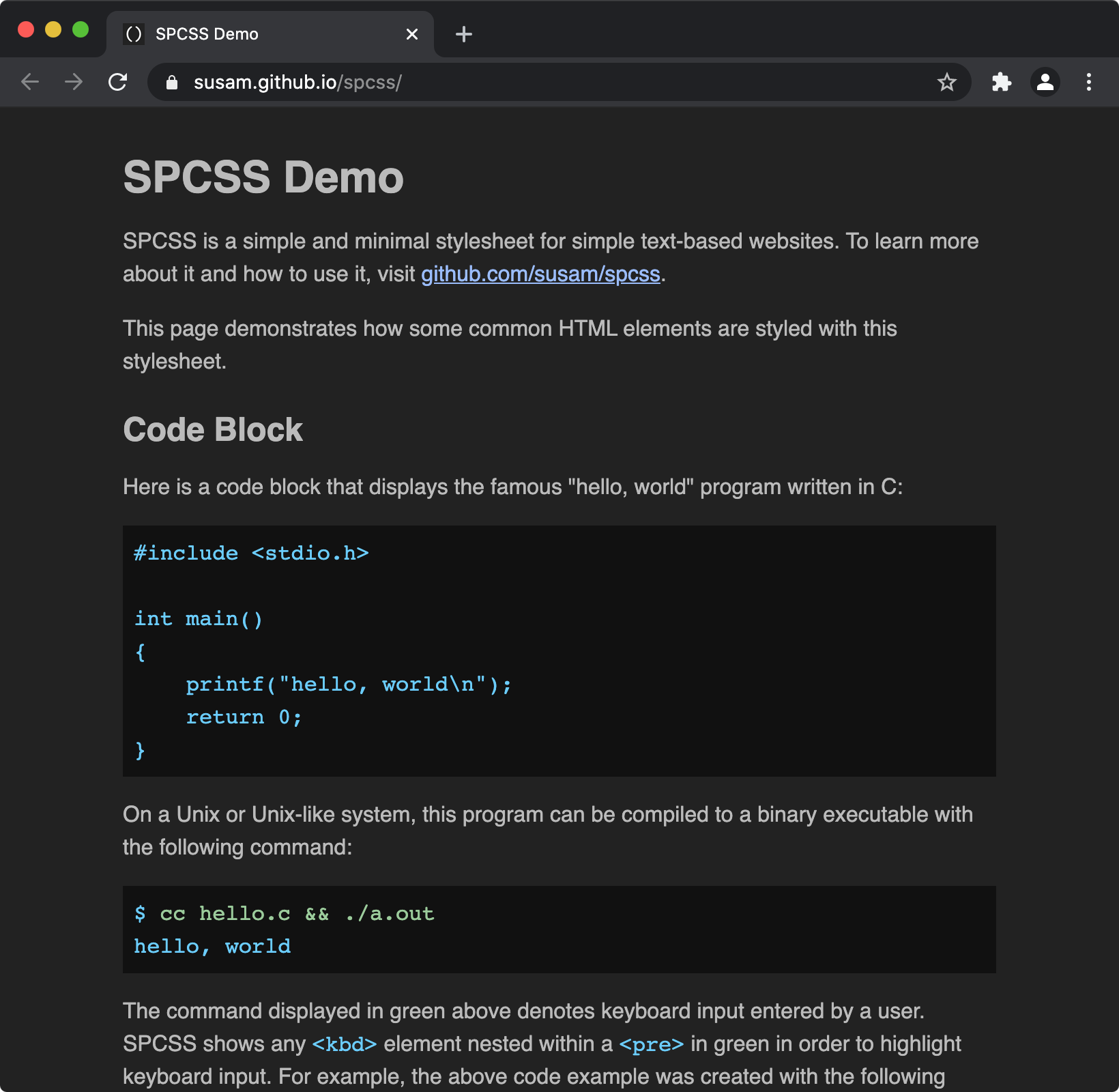 Demo of SPCSS dark theme