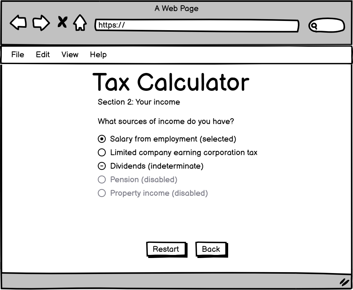 The income sources wireframe