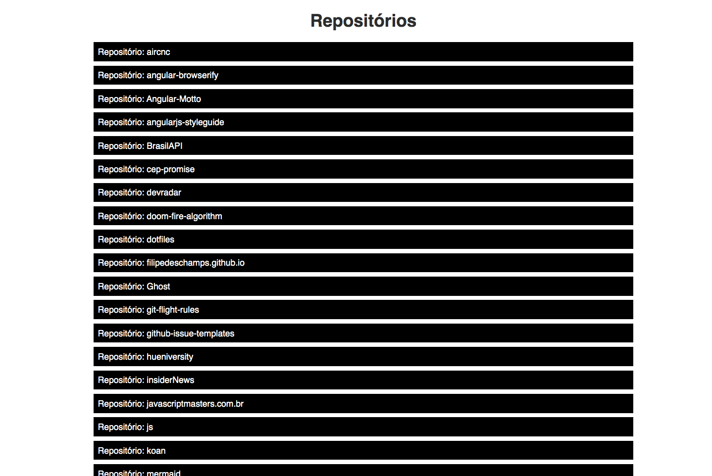 Tela onde são exibidos os repositórios do usuário pesquisado.