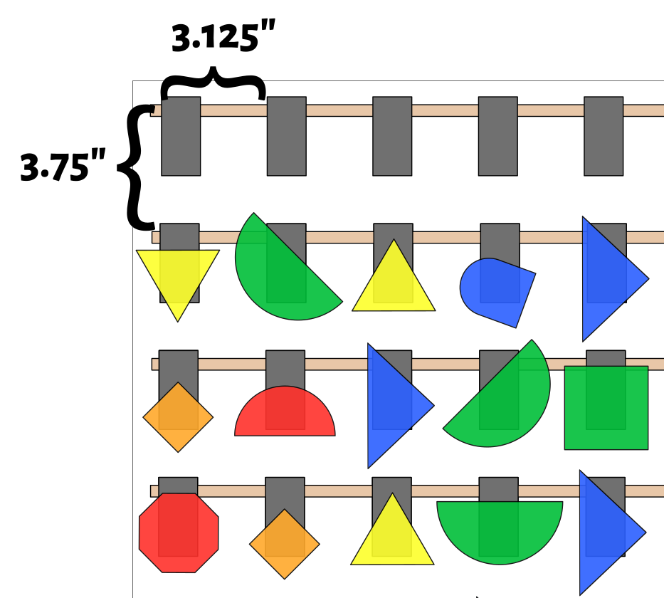 Board layout and dimensions: 3.125" from left edge of button to left edge of adjacent button, 3.75" from top edge of horizontal dowel to top edge of adjacent dowel