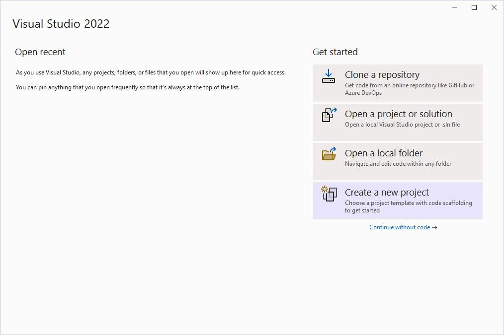 Visual Studio Get started screen