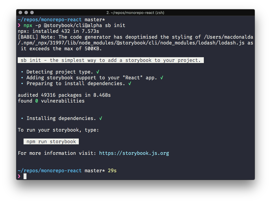Screenshot of Storybook React 4 installing