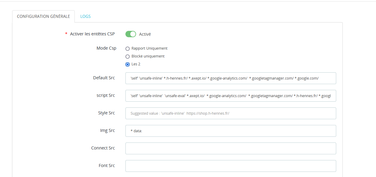 Csp configuration on back office