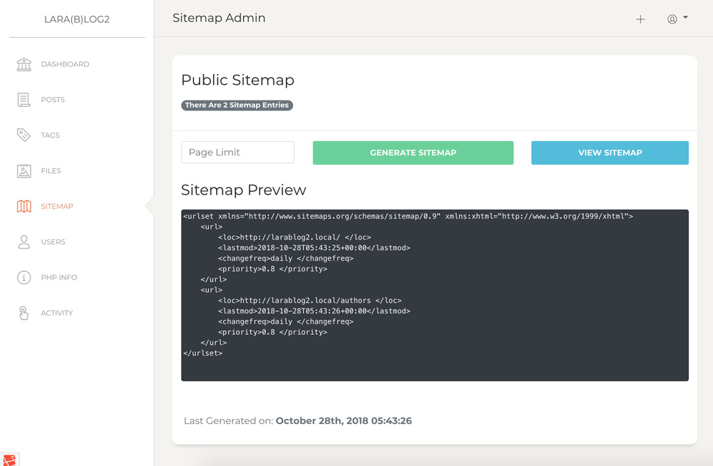 LaraBlog Admin Sitemap