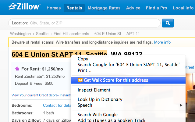 Right-Click Walk Score Zillow screenshot