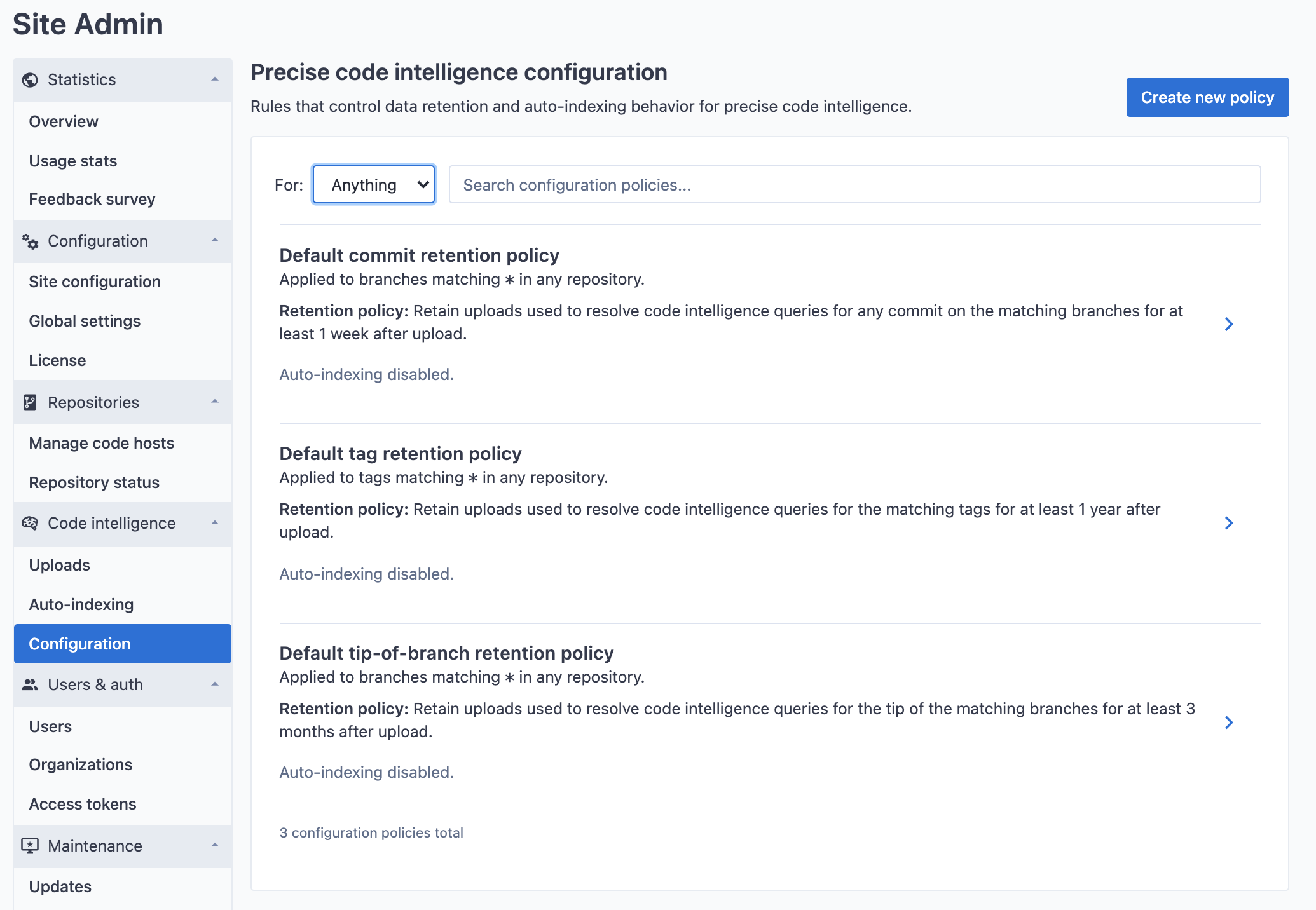 Global auto-indexing policy configuration list page