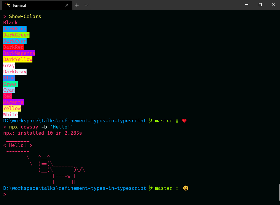 screenshot of terminal presenting colors and borg cowsay saying "Hello!"
