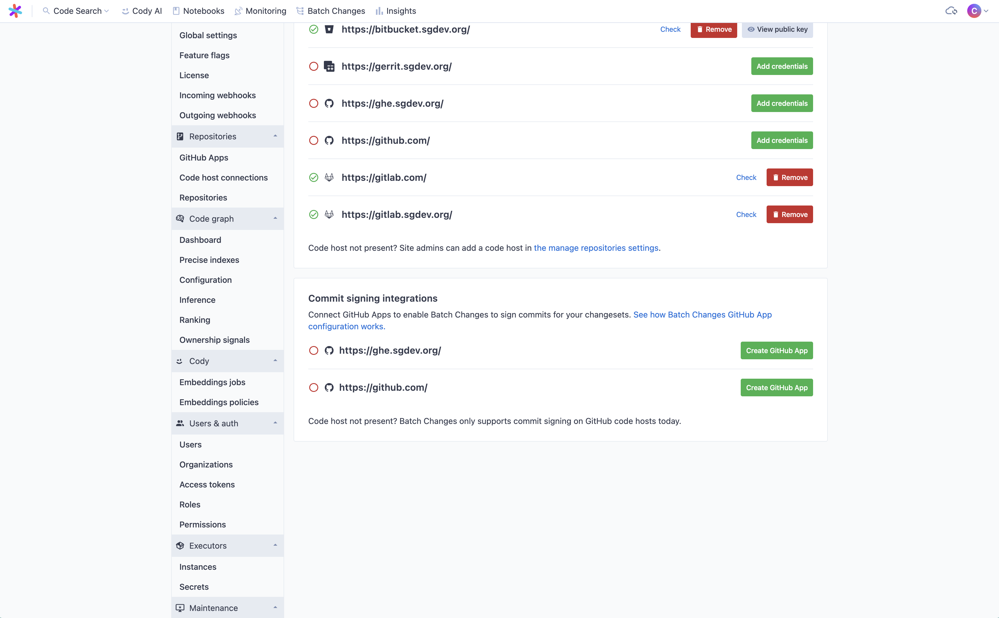 The Batch Changes settings page on Sourcegraph, scrolled to show commit signing integrations