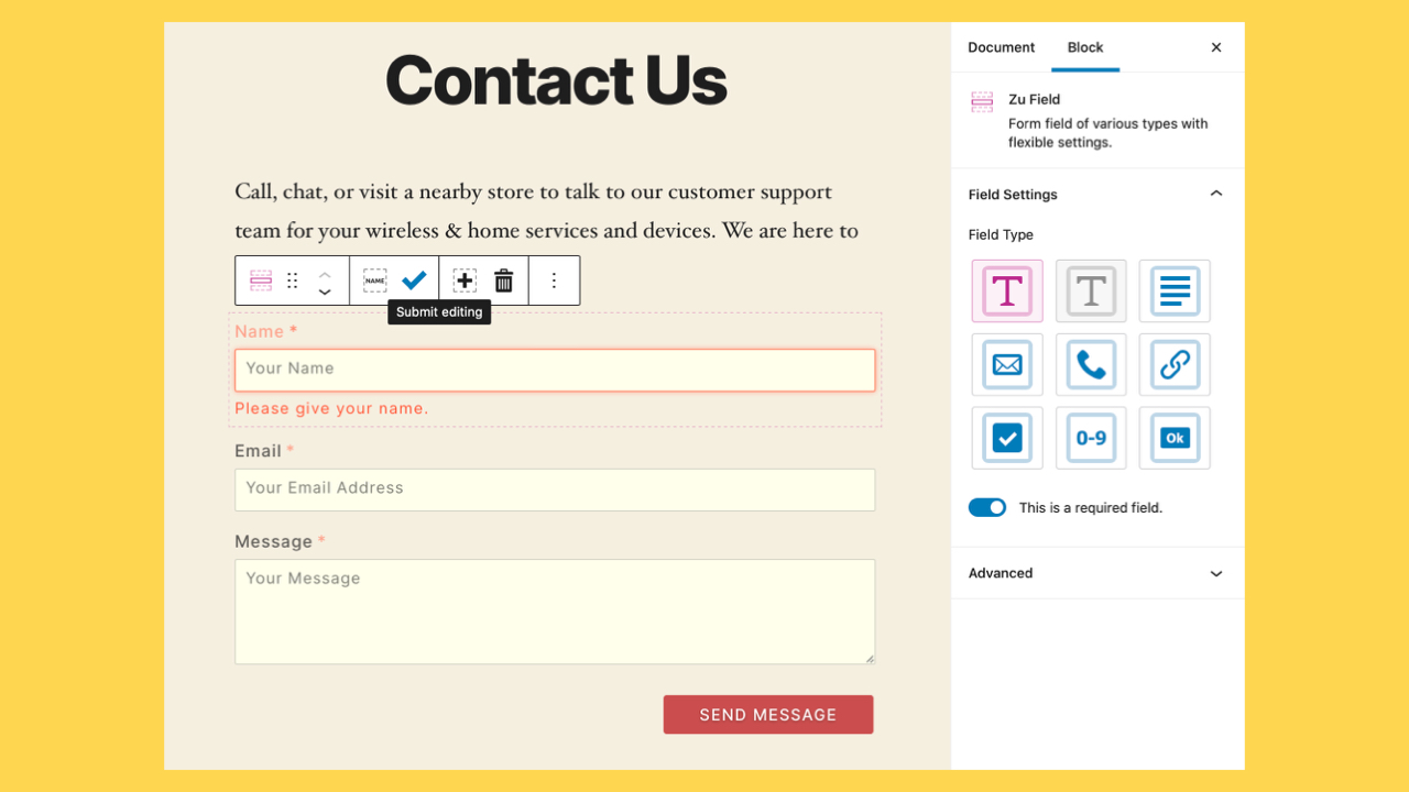 Editing form fields in the Gutenberg block editor