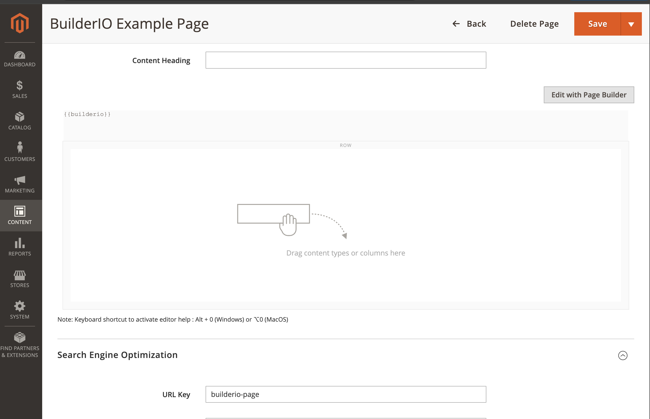 Screenshot Creating a CMS page with the placeholder and matching urln.