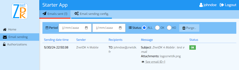 Screenshot of the User Sent emails view provided by the ZnetDK 4 Mobile 'z4m_emailsending' module