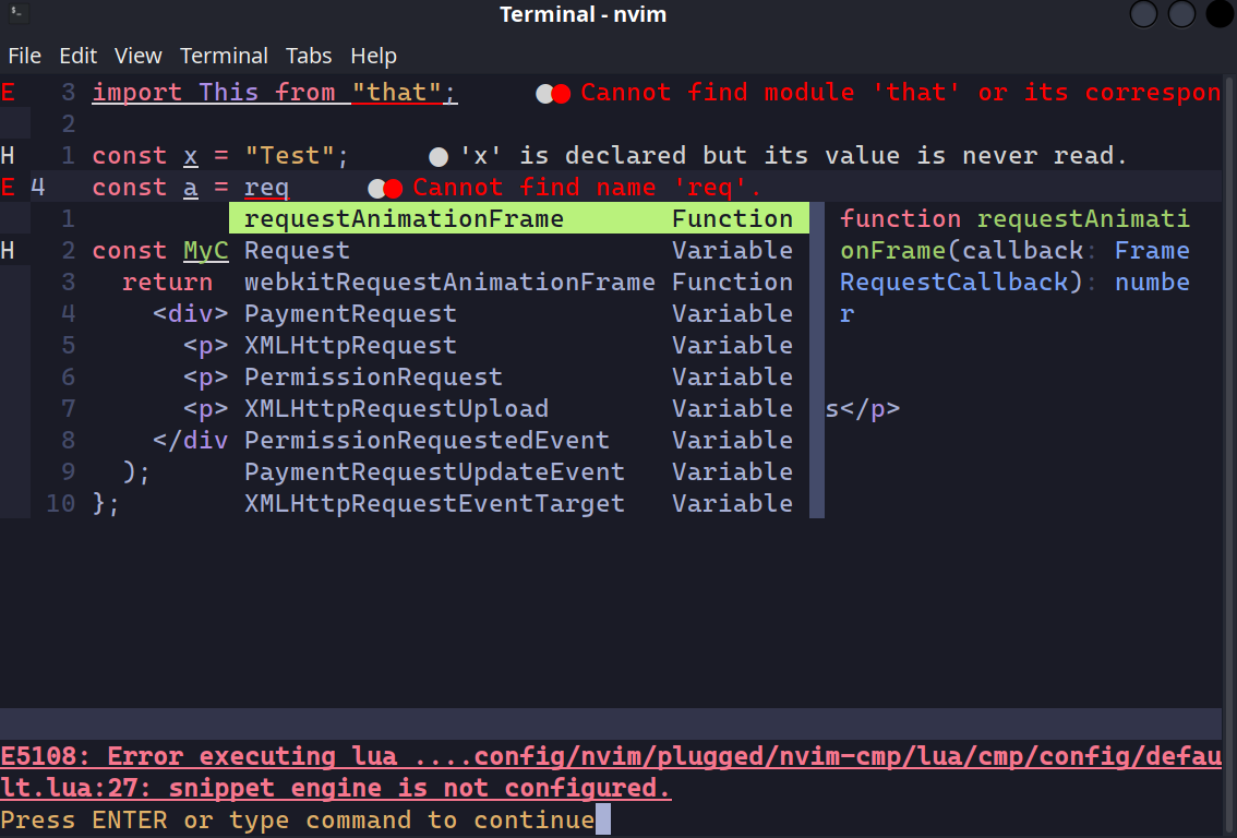 Can't select any completion item because `snippet engine is not ...