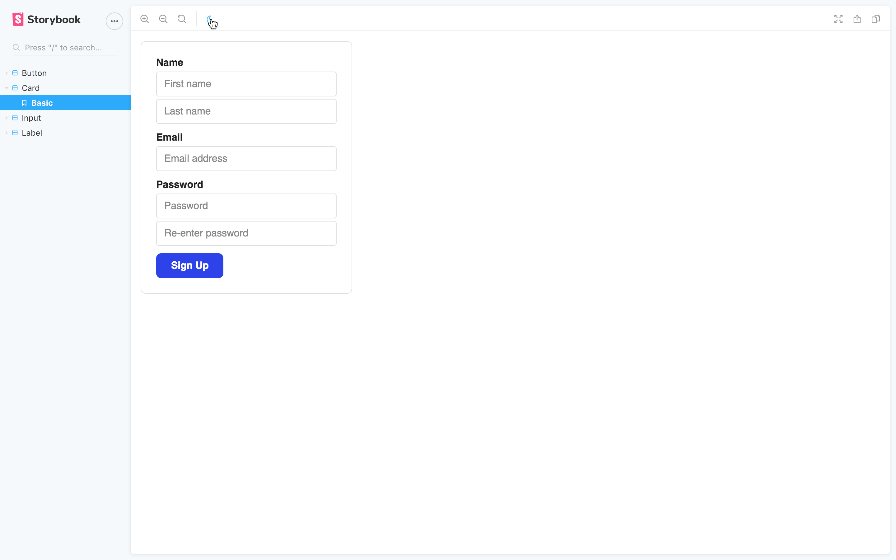 Animated image showing the Storybook user interface and the React component in the main preview window toggling dark mode on and off.