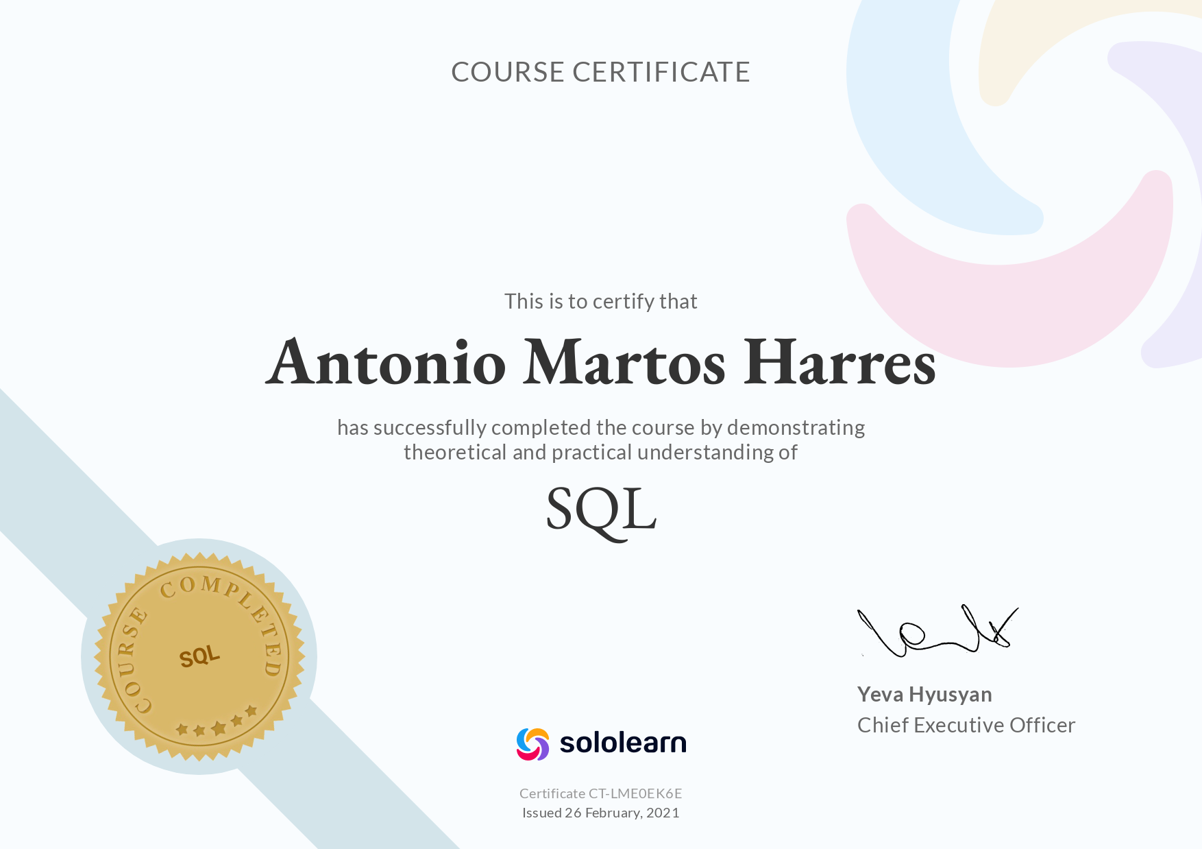 Certified in SQL - SoloLearn