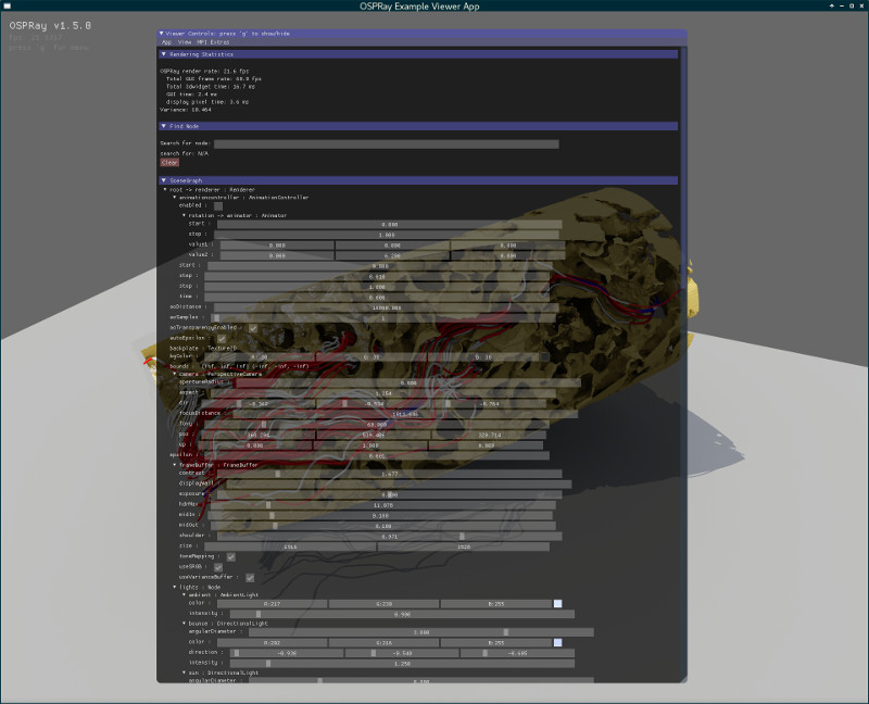 Screenshot of using ospExampleViewer with a scene graph.